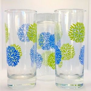 Vintage Trio of Pop Art Flower Highballs Tumblers Coolers -Clear, Blue, Lime EUC